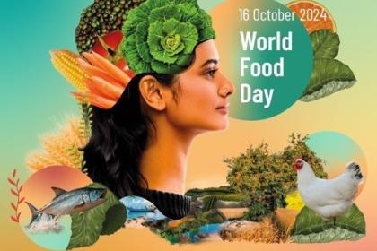 Woman with a headdress made up of vegetables and a text that says "World Food Day"